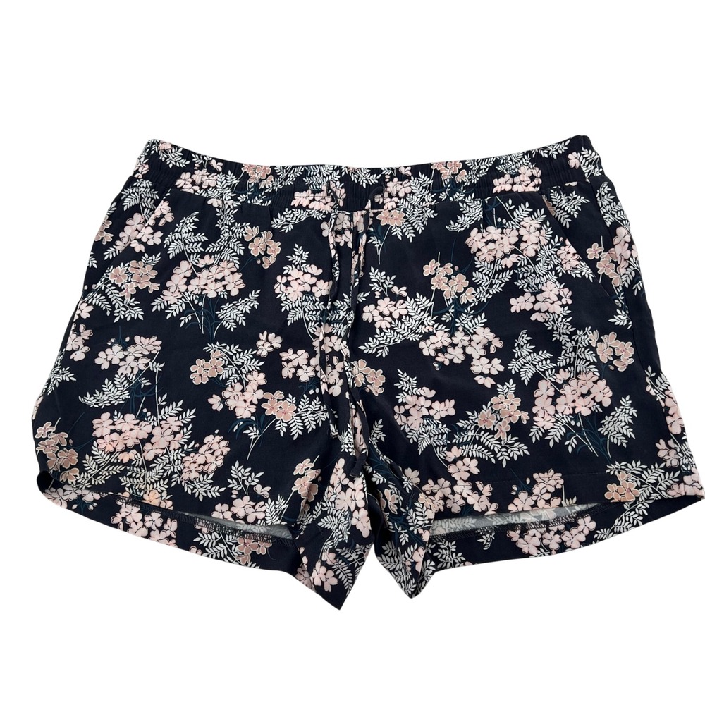 LOFT Navy Blue Pink‎ Floral Pull On Drawstring Shorts Womens Size Medium Pockets